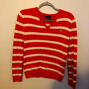 Ralph Lauren Red and White Striped V-Neck Sweater